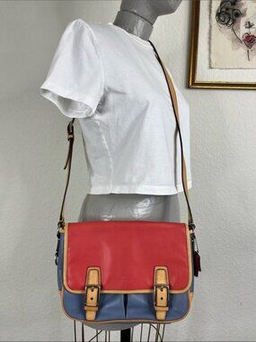 Coach Park Colorblock Leather Crossbody Flap Messanger Bag F23383 Red Blue 2013